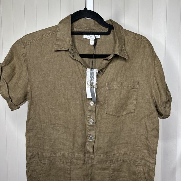 Michael Stars Romper Utility Linen Short Sleeves Olive Green Finn Size XS NEW - Picture 3 of 10